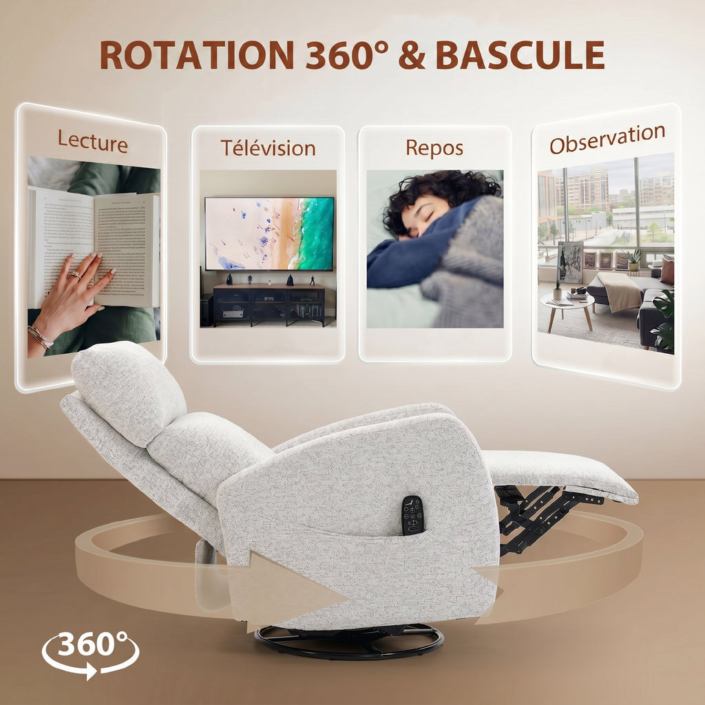 Fauteuil inclinable de massage et chauffage, fauteuil de relaxation en chenille, dossier réglable, pivotant 360°, crème