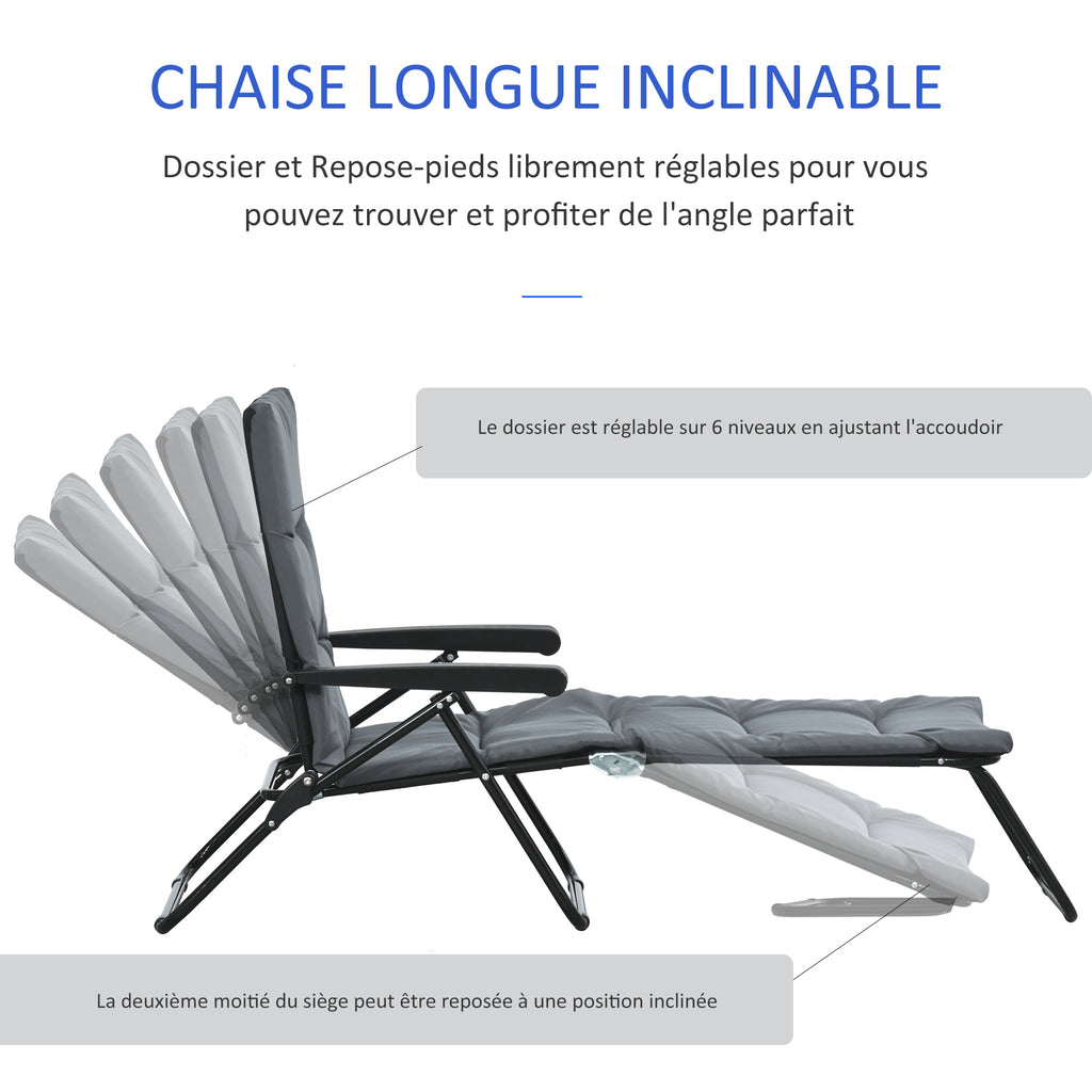 Bain de soleil pliable transat inclinable 6 positions avec matelas + accoudoirs acier polyester gris
