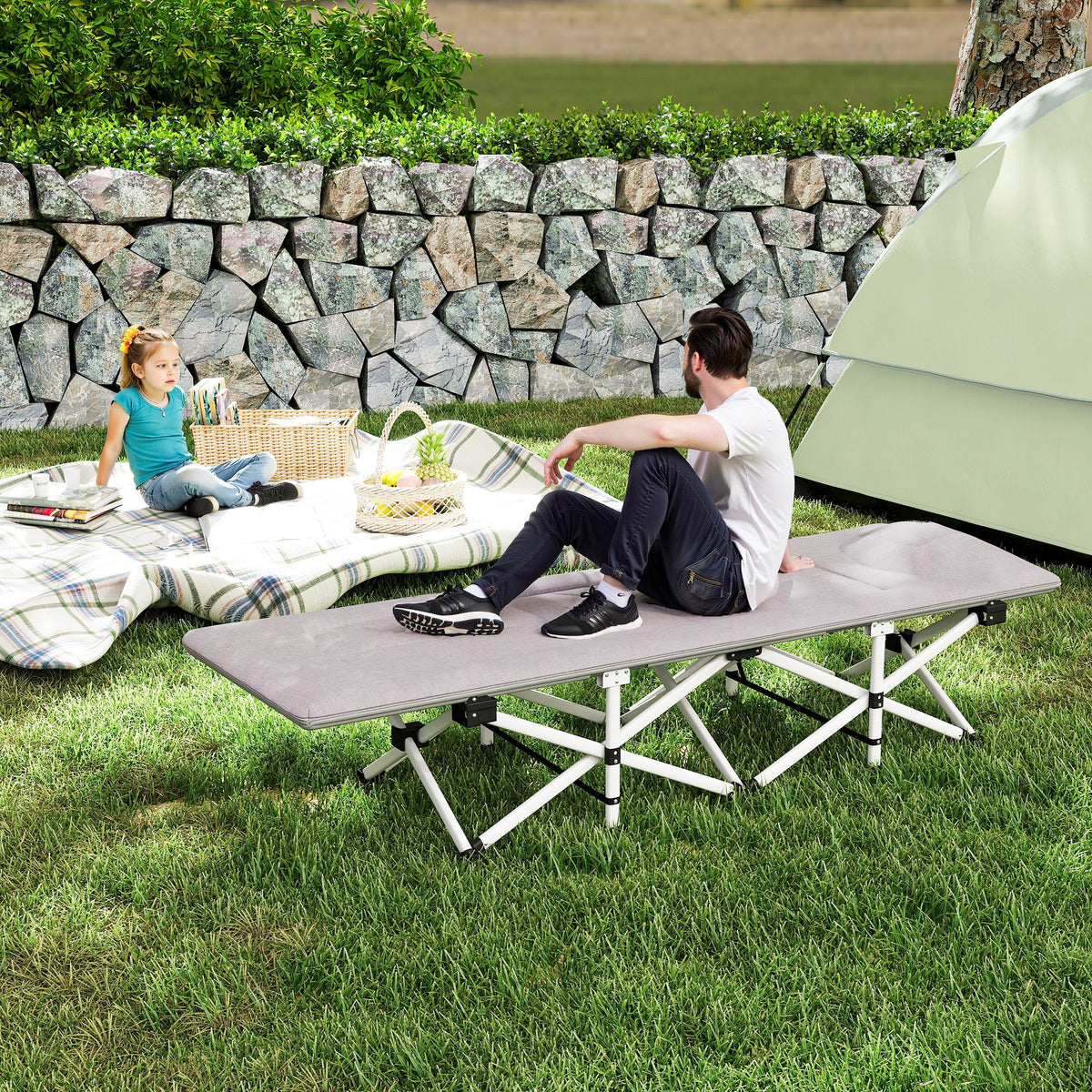 Lit de camping pliable avec matelas transat chaise longue sac de rangement intégrée dim. 185L x 65l x 37H cm gris