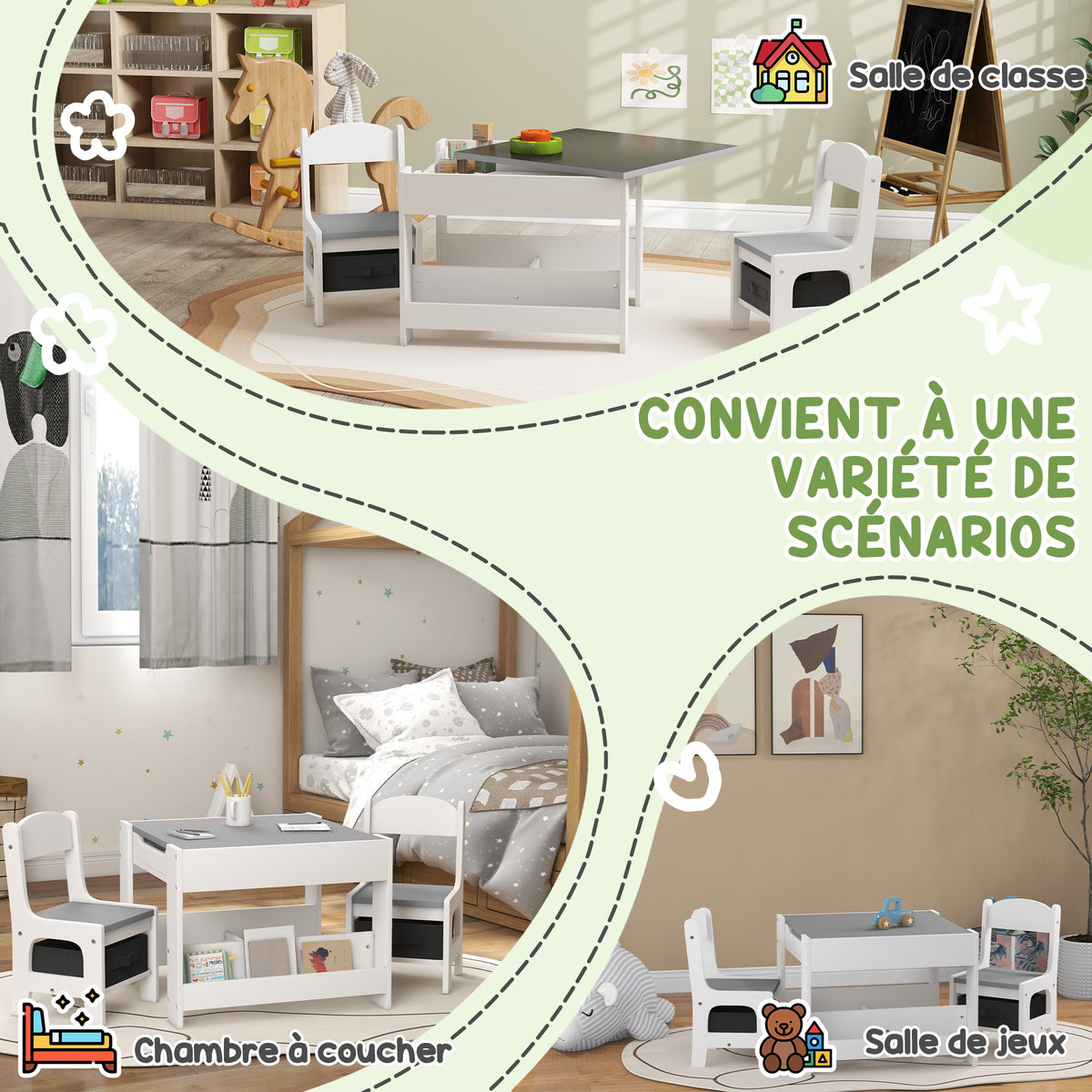 Ensemble 3 pièces table et 2 chaises pour enfant avec plateau réversible tableau noir, panier de rangement, étagères