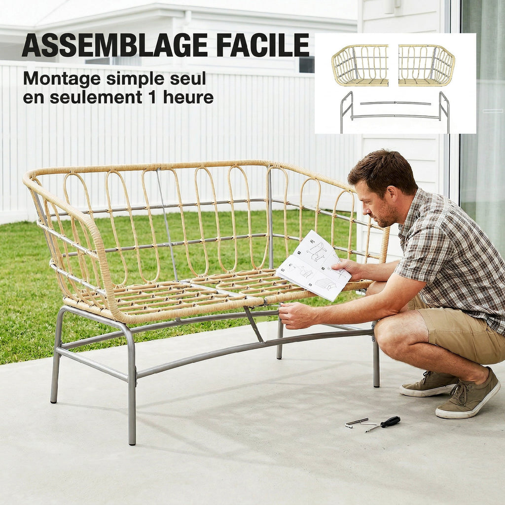 Canapé de Jardin 2 Places en Résine Tressée Coussins Épais Anti-glisse 120 x 67 x 79 cm Marron