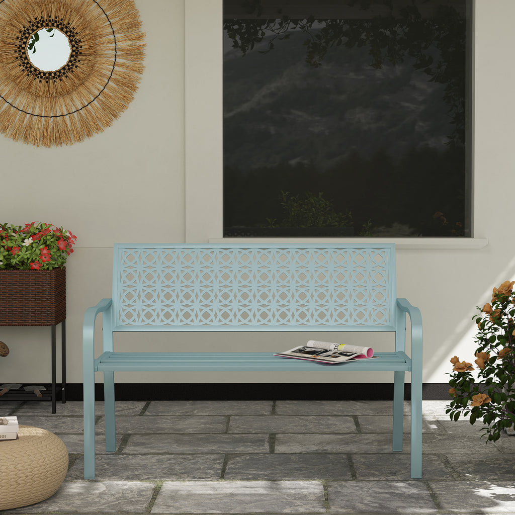 Banc de jardin 2 places, banc extérieur jardin en acier avec dossier ajouré, 127 x 63 x 85 cm, bleu