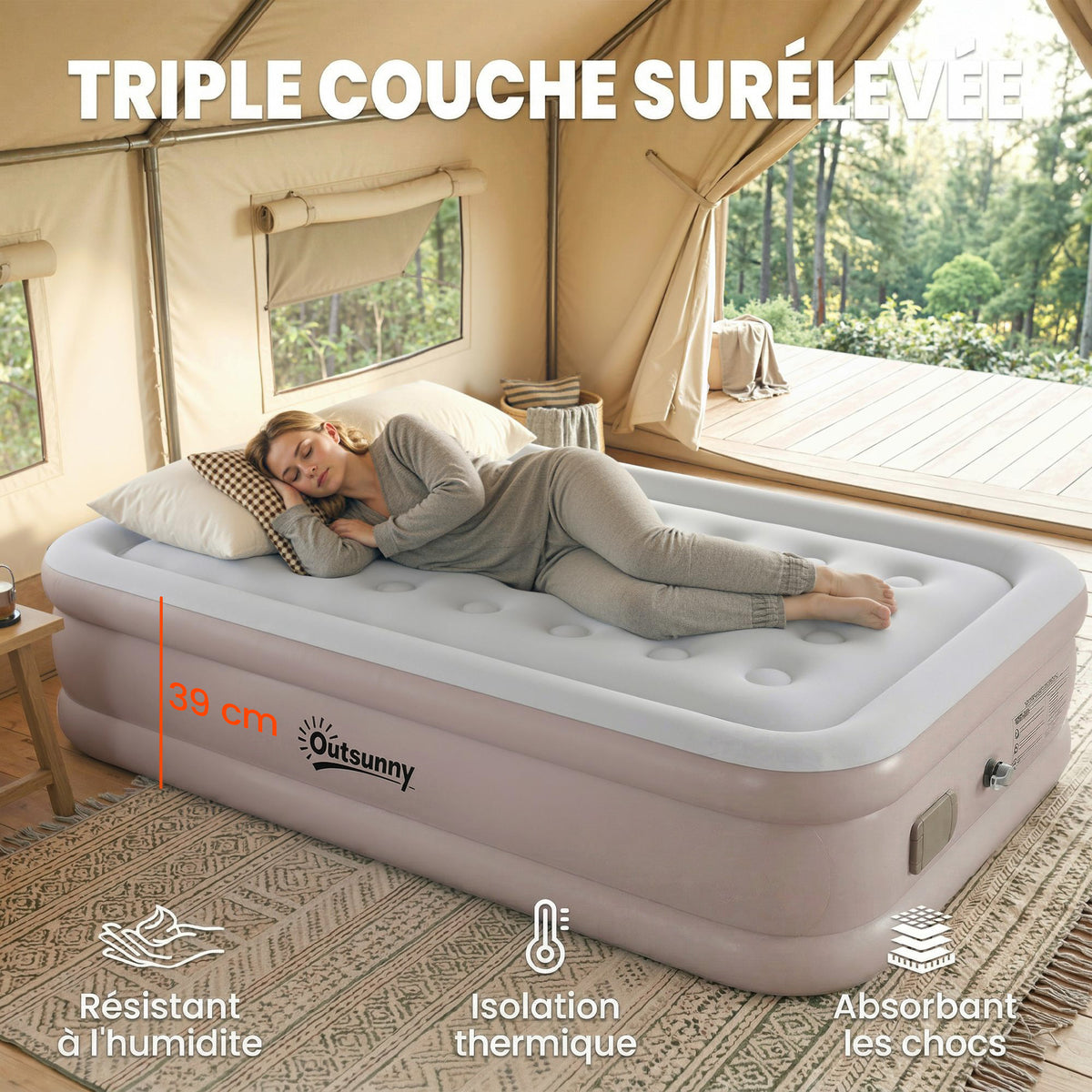 Matelas Gonflable, Pompe Électrique Intégrée, Surface Floqué , Imperméable 5000 mm, Sac Transport, 190x97x39cm, Kaki