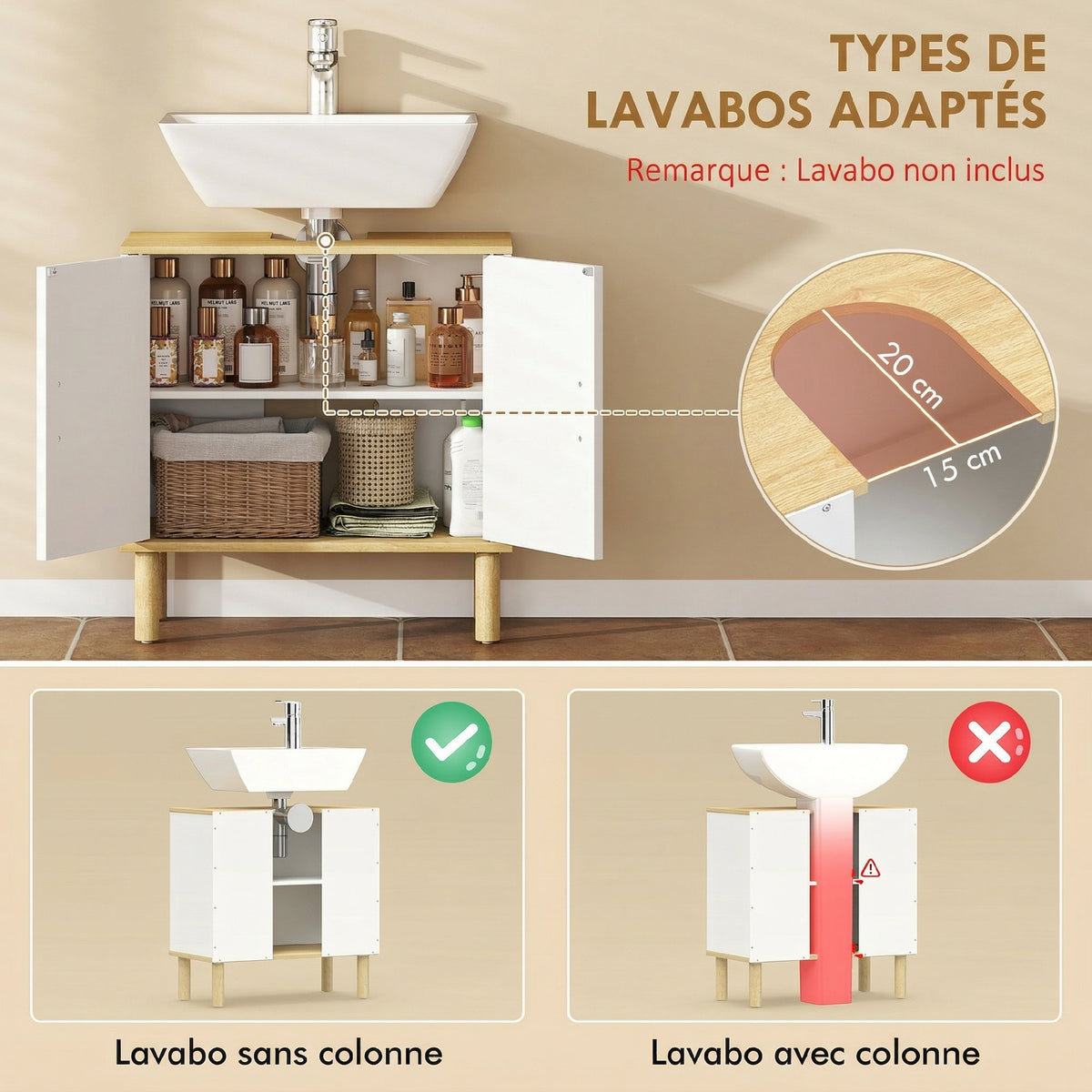 Meuble sous lavabo, meuble de salle de bain avec 2 portes et étagère réglable, 60 x 30 x 61 cm, blanc