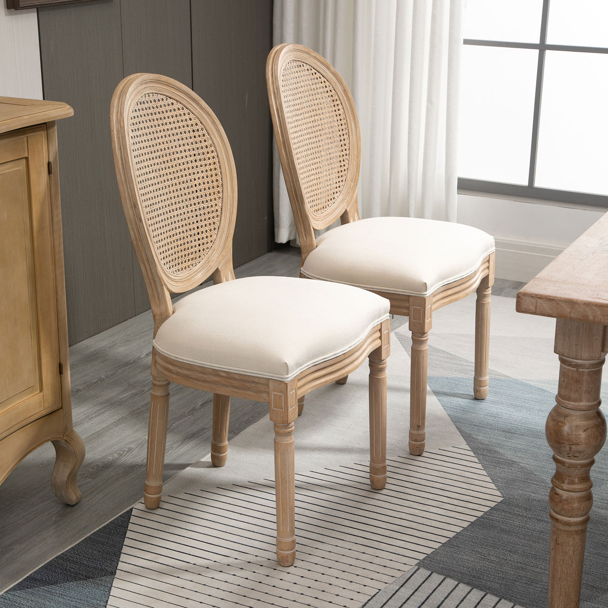 Lot de 2 chaises de Salle à Manger - Chaise de Salon médaillon Style Louis XVI - Bois Massif sculpté, patiné - Dossier cannage - Aspect Lin Crème