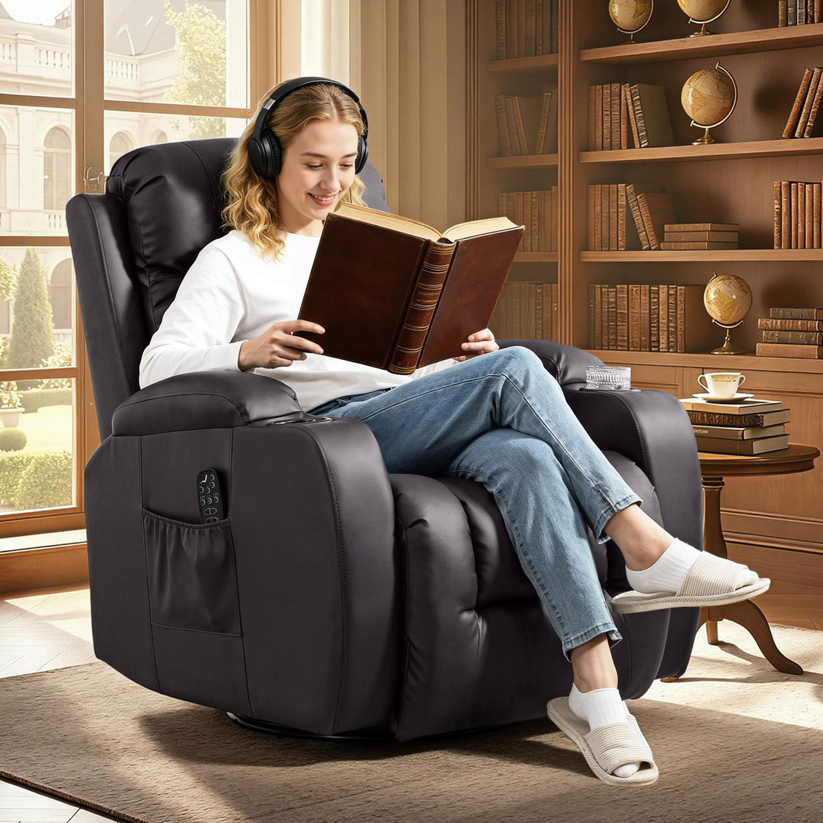 Fauteuil inclinable de massage et chauffage, fauteuil de relaxation, dossier réglable, pivotant 360°, 82x99x103cm, marron