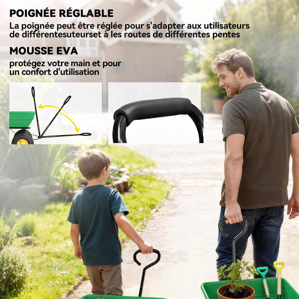 Chariot de Jardin à Main Benne basculante 75° 75L Charge Max. 200 Kg 4 Roues pneumatiques Acier PP Jaune Vert