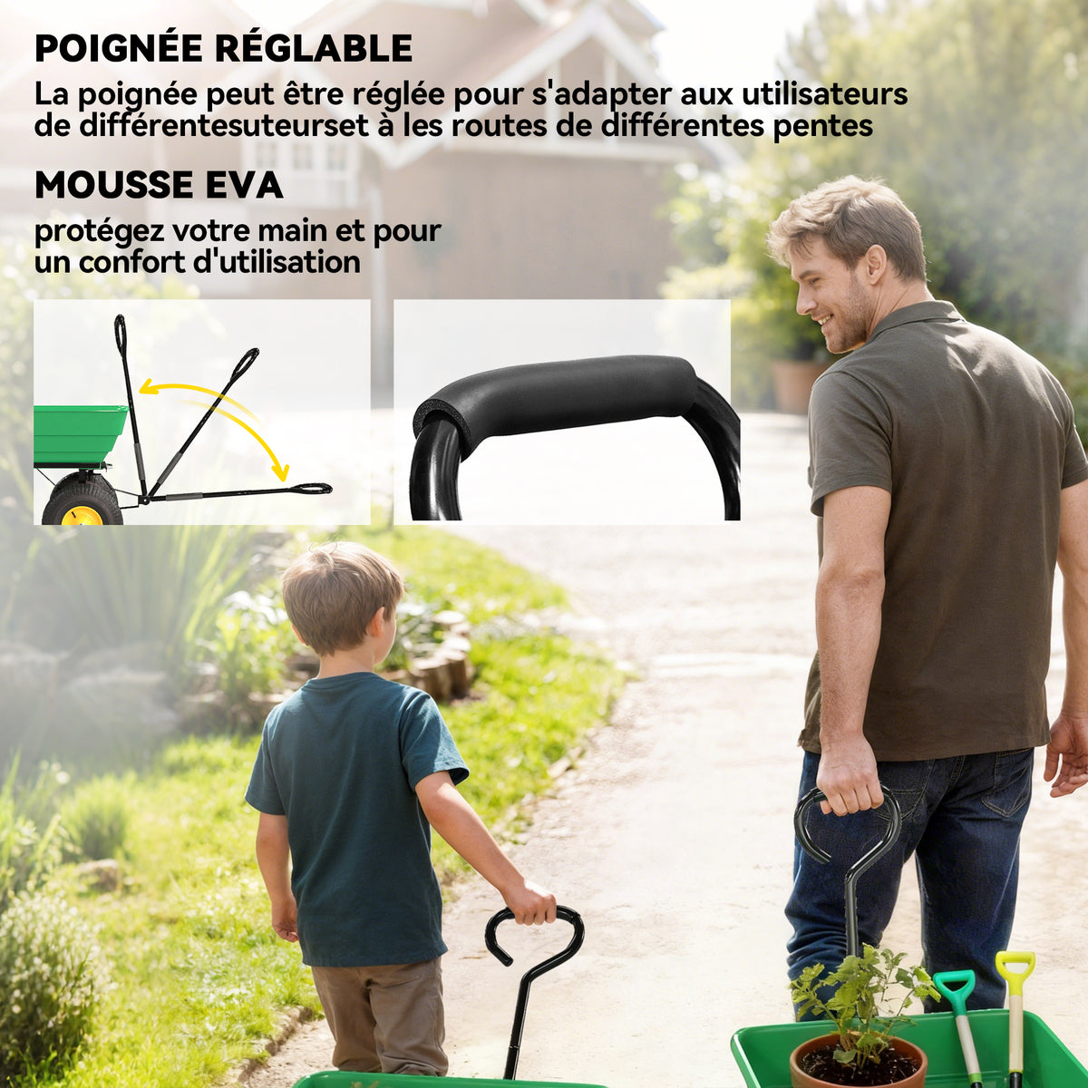 Chariot de Jardin à Main Benne basculante 75° 75L Charge Max. 200 Kg 4 Roues pneumatiques Acier PP Jaune Vert