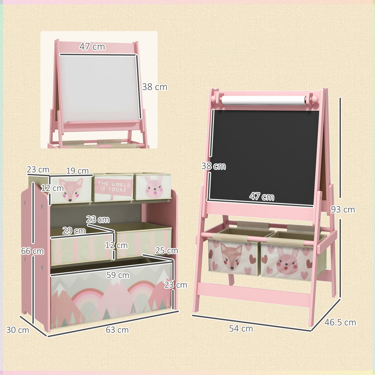 Tableau chevalet double-face rouleau papier 2 paniers + meuble à jouets de rangement à 6 boîtes, 63 x 30 x 66 cm, rose