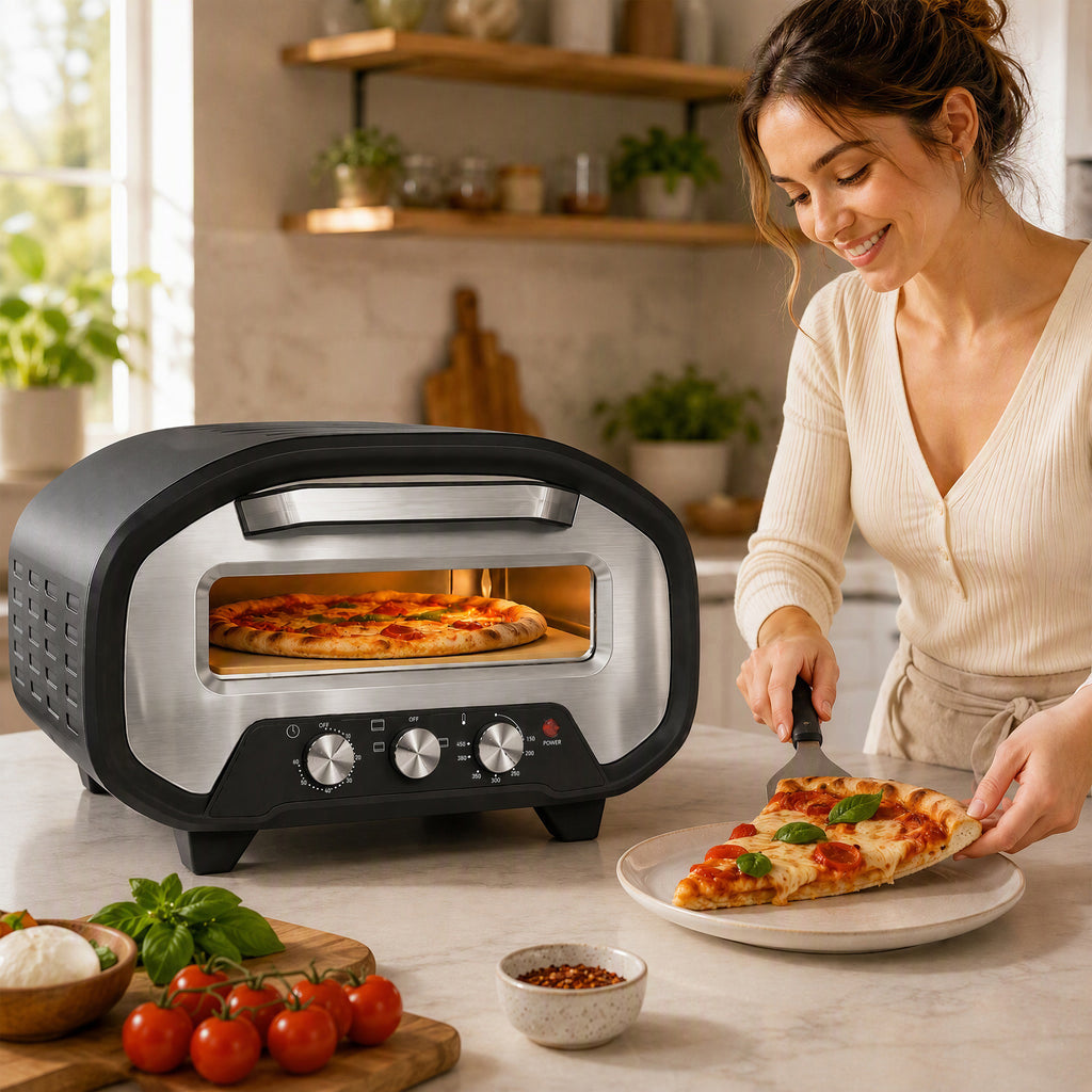 Four à Pizza Électrique d'Intérieur 2200 W jusqu'à 430°C, Pierre en Céramique Ø30,5 cm, Minuteur 60 min, Noir