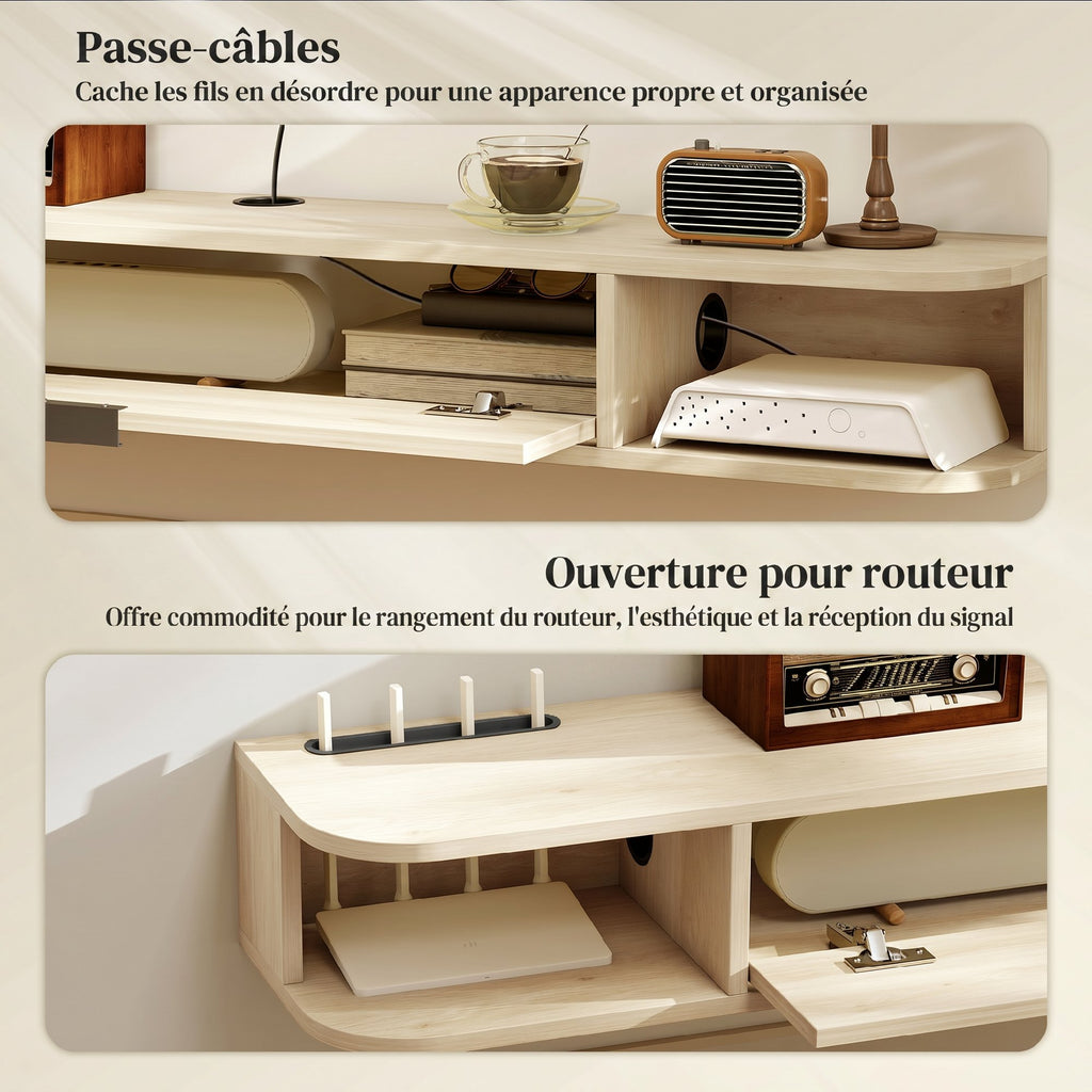 Meuble TV suspendu, meuble télé pour téléviseur jusqu'à 60 pouces, tiroir rabattable 2 étagères 140x24x16cm bois naturel