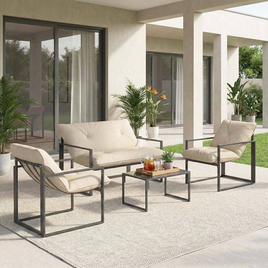 Salon de jardin 4 pièces 4 personnes avec canapé 2 places, 2 fauteuils et 1 table basse gris