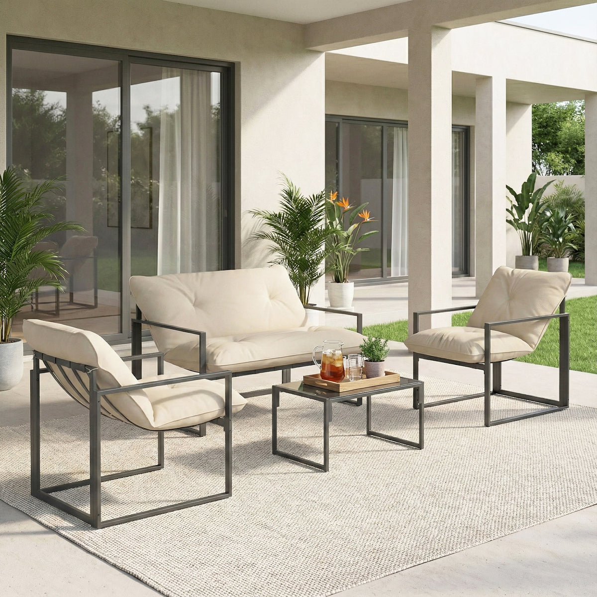 Salon de jardin 4 pièces 4 personnes avec canapé 2 places, 2 fauteuils et 1 table basse gris
