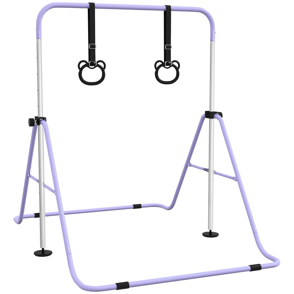 Barre de gymnastique pour enfants, barre horizontale pliable à hauteur réglable avec anneaux de gymnastique, violet