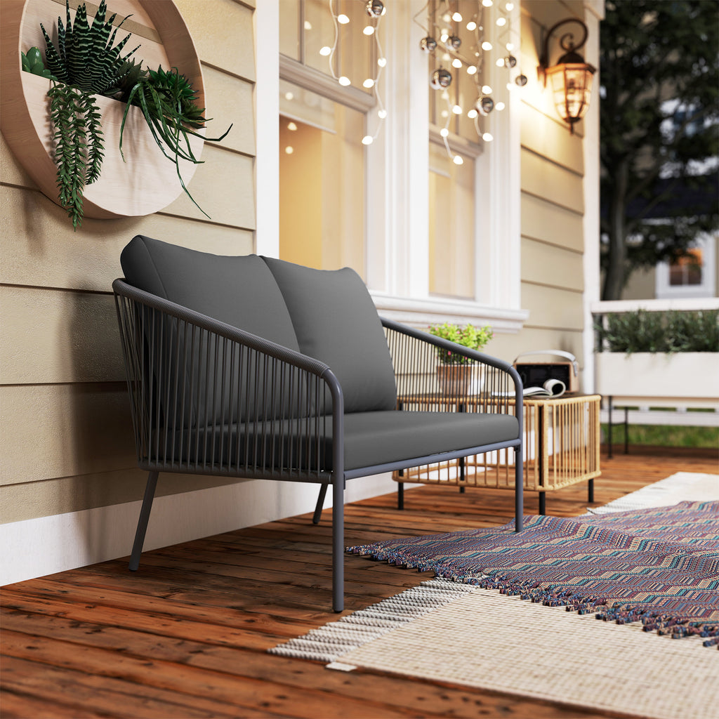 Canapé de jardin 2 places en résine tressée avec coussins canapé d'extérieur accoudoirs cadre en acier 112x72x76cm gris