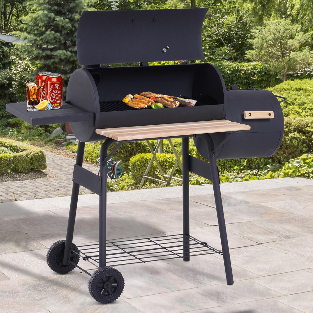 Barbecue à Charbon fumoir BBQ Grill Smoker sur Pied avec Couvercle, roulettes, thermomètre, étagères Noir