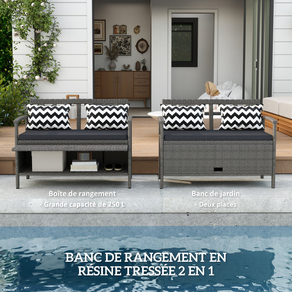 Banc extérieur jardin 2 places banc de rangement 160L en rotin PE avec coussin 2 oreillers 112 x 62 x 82 cm gris