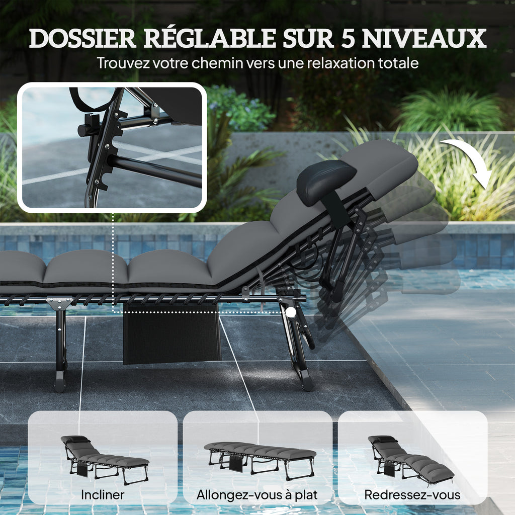 Chaise longue jardin extérieur, Bain de soleil Pliable, dossier inclinable sur 5 positions, 200 x 57 x 38 cm, gris Foncé