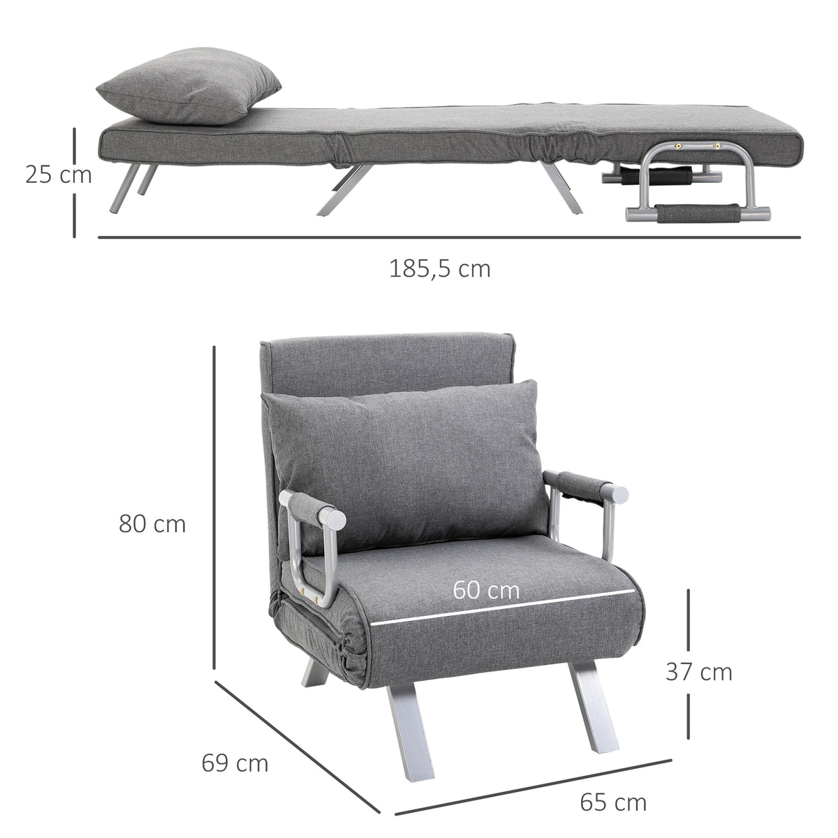 Fauteuil chauffeuse canapé-lit Convertible 1 Place déhoussable Grand Confort Coussin Pieds accoudoirs métal Lin Gris Clair