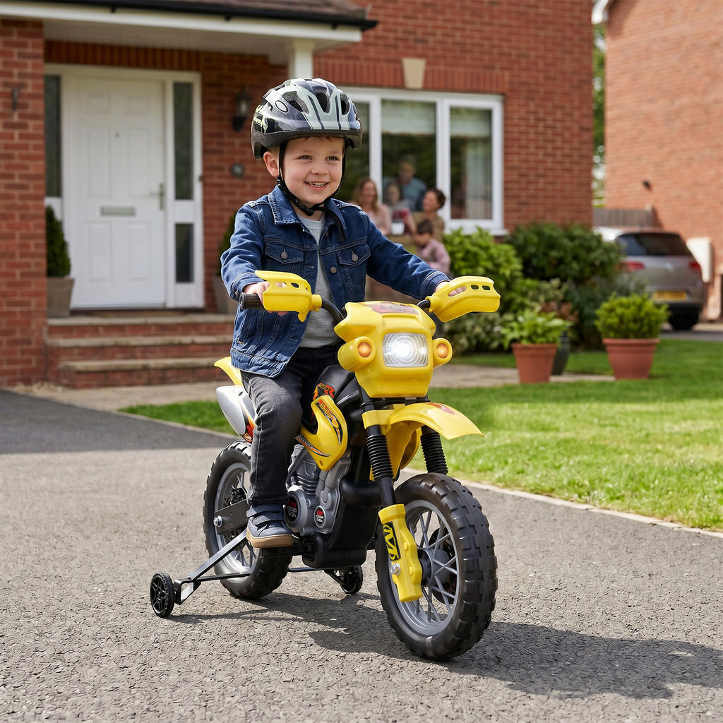 Moto électrique enfants, moto cross pour enfants avec batterie 6 V, phares, musiques et roues d'entraînement, 3 à 6 ans, charge 25KG, jaune et noir