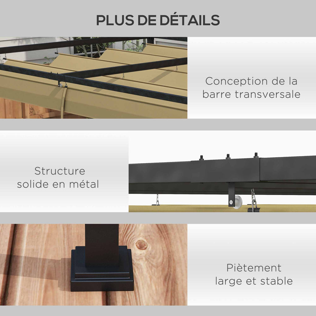 Pergola coulissante Pergola rétractable 3 x 2 m structure métal époxy anticorrosion toile polyester 180 g/m² kaki