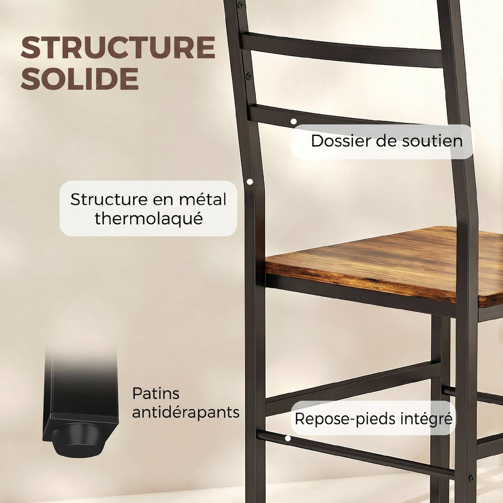 Ensemble table salle à manger avec 2 chaises, table de cuisine avec chaises pour 2 personnes, cadre en métal, marron