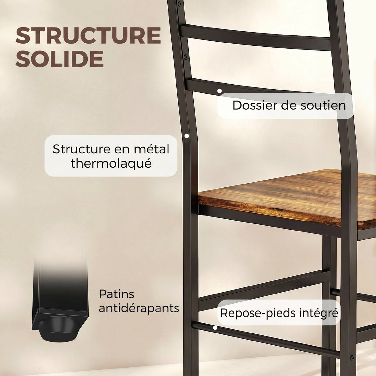 Ensemble table salle à manger avec 2 chaises, table de cuisine avec chaises pour 2 personnes, cadre en métal, marron