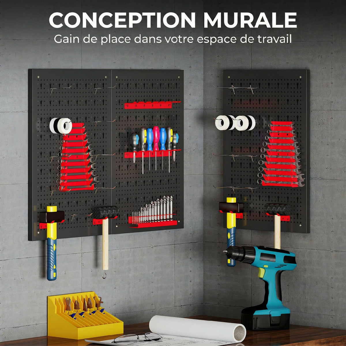 panneau perforé mural 600 x 400 mm, organiseur garage en acier avec 3 panneaux perforés, noir et rouge