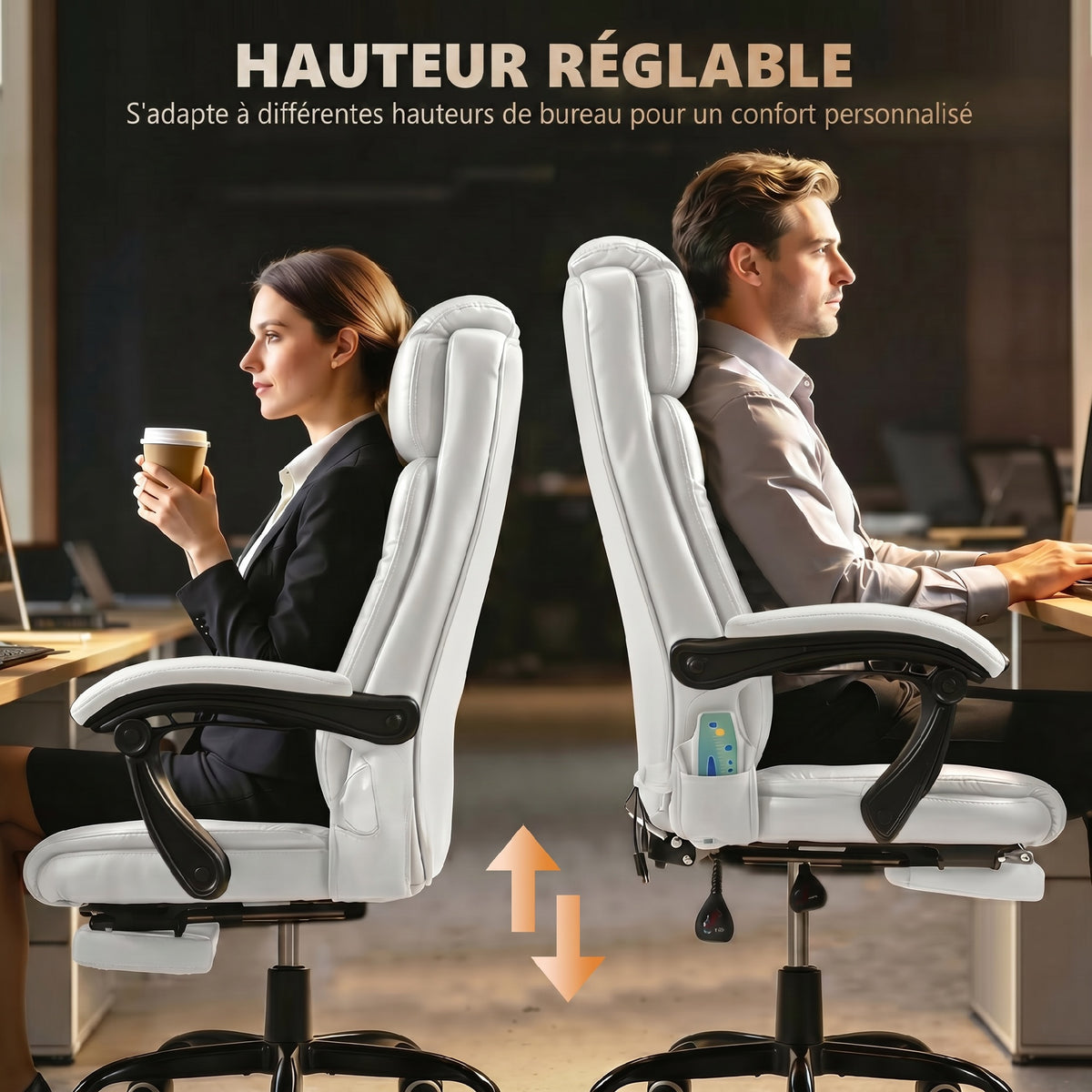 Fauteuil de Bureau Massant 7 Points, Chaise de Bureau Ergonomique avec Repose-pieds Rétractable, Dossier Inclinable 155°, Hauteur Réglable, Pivotant à 360°, télécommande Filaire, Blanc