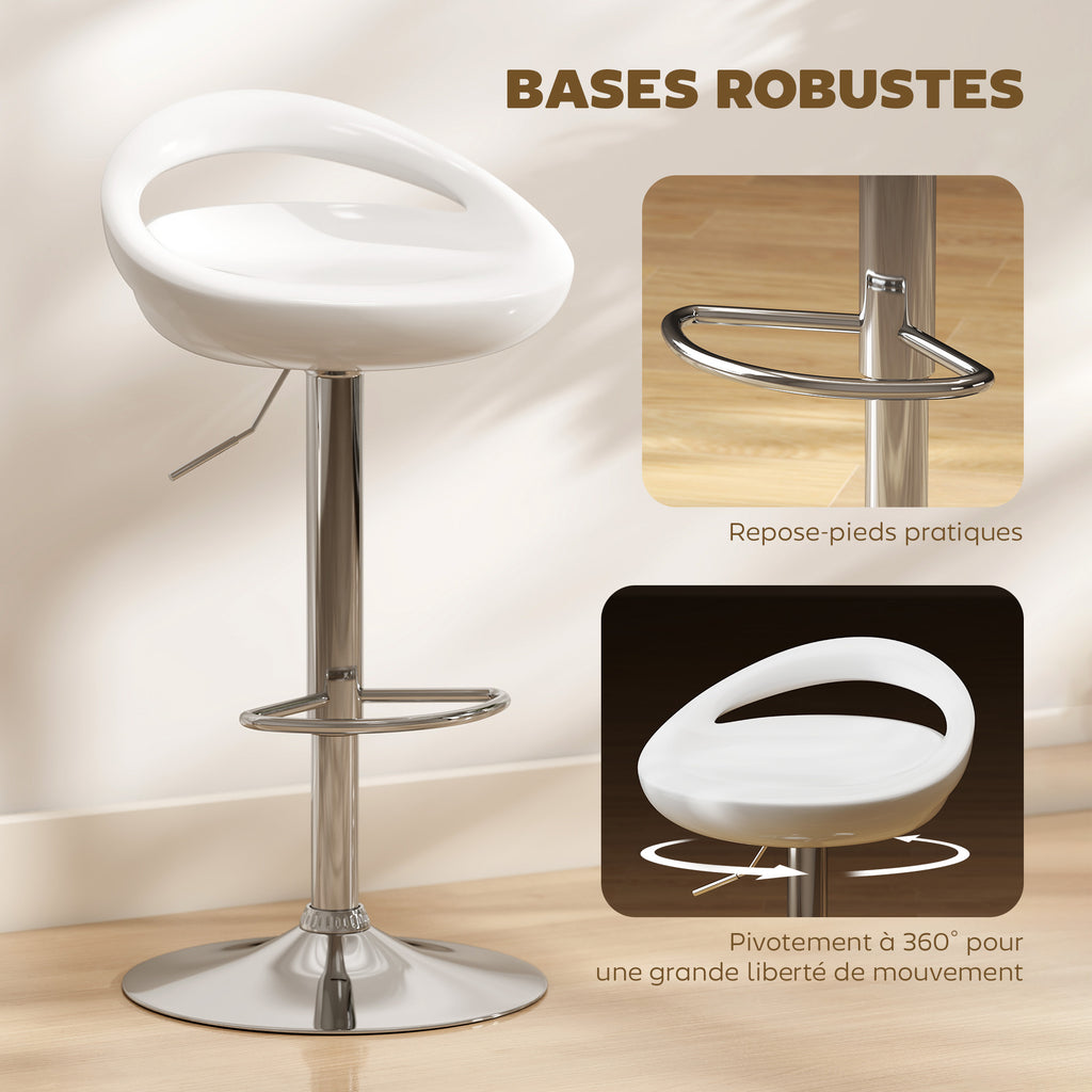 Lot de 2 tabourets de bar chaises de bar hauteur réglable dossier et repose-pieds pivotant à 360° 46x41x76-96cm blanc