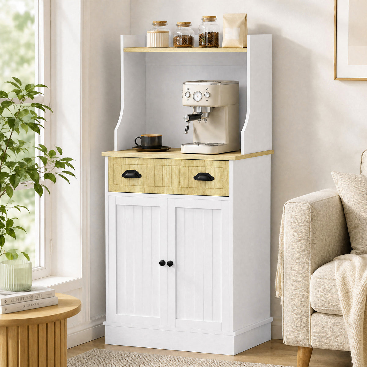 Meuble armoire micro-ondes pour cuisine avec espace ouvert 1 tiroir et placard 2 portes 61 x 35 x 125,4 cm chêne