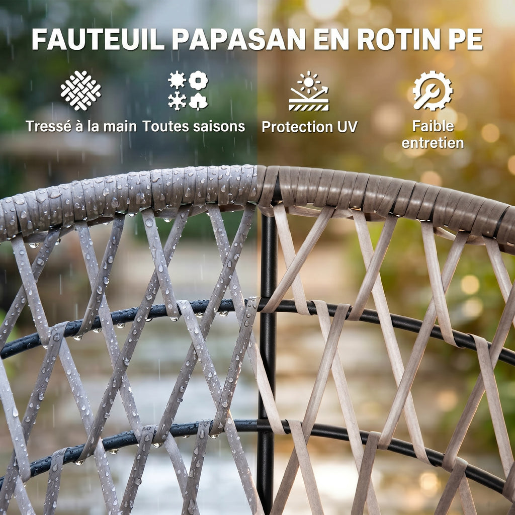 Fauteuil rond de jardin fauteuil papasan pivotant Ø 97 x 90H cm grand coussin fourni polyester résine tressée