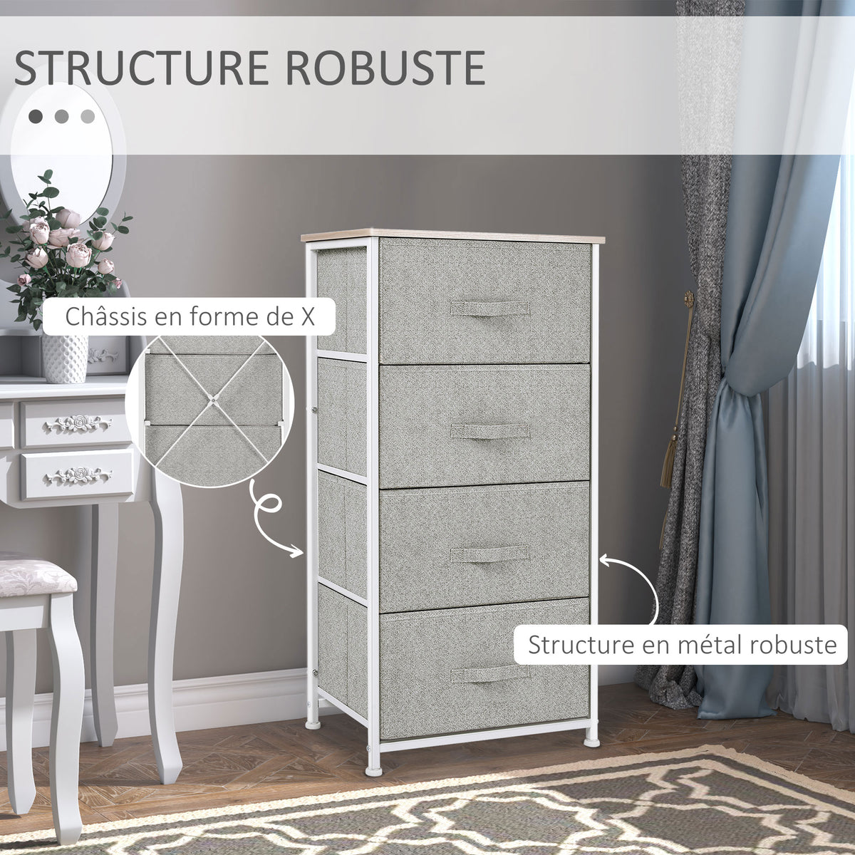 Commode en Tissu Meuble de Rangement 4 tiroirs chiffonnier dim. 45L x 30l x 92H cm Cadre en métal et non-tissé, blanc