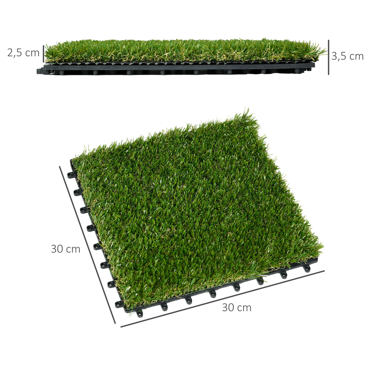 Gazon synthétique Artificiel Set de 10 Dalles Carreaux 30 x 30 cm épaisseur Confort 3,5 cm à emboîter Vert