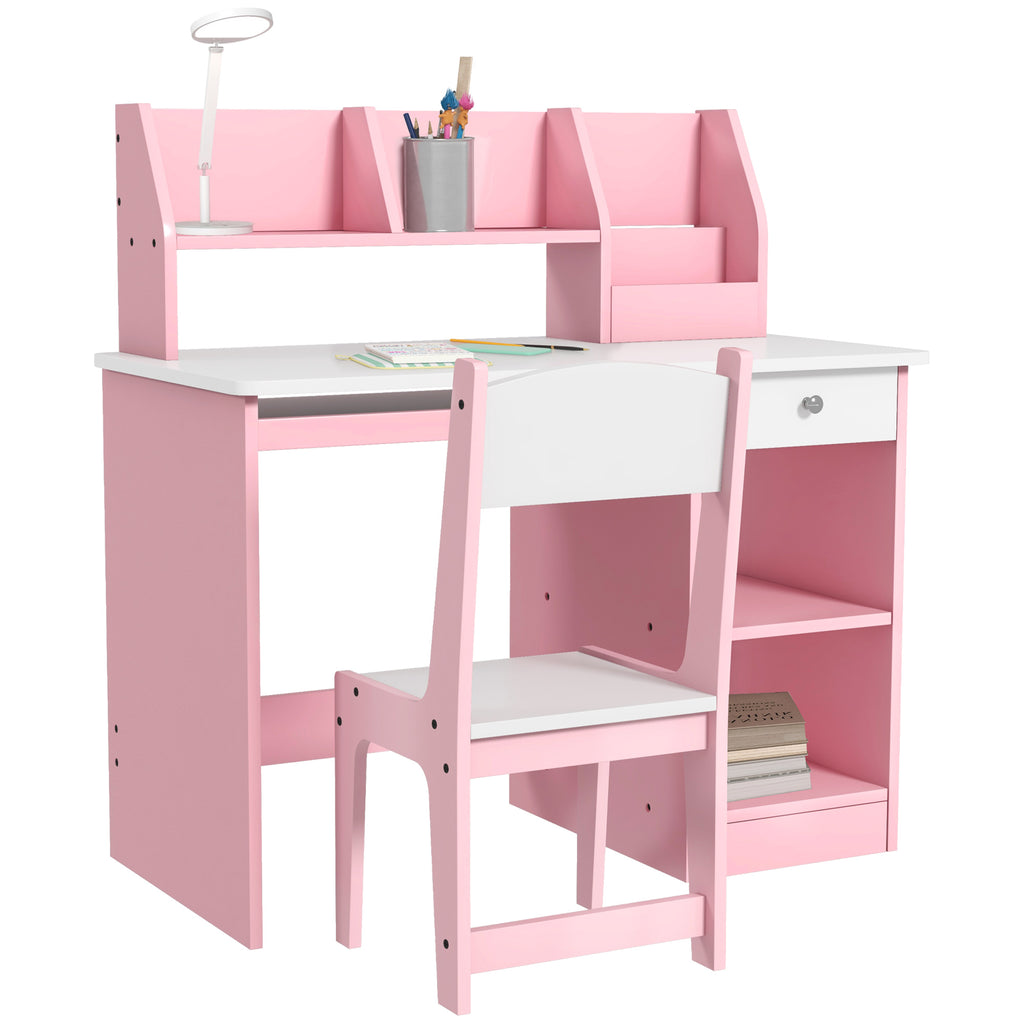 Bureau enfant avec chaise ergonomique avec clavier coulissant tiroir niches et étagères ouvertes 90 x 45 x 90 cm rose