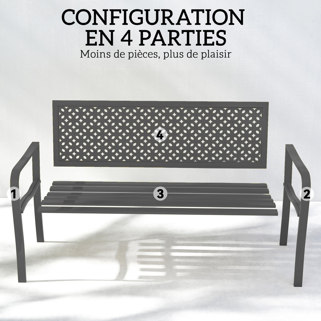 Banc d'extérieur en métal, 2 places, avec dossier géométrique antirouille et accoudoirs, gris foncé