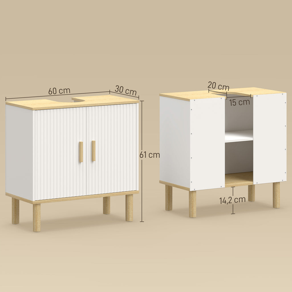 Meuble sous lavabo, meuble de salle de bain avec 2 portes et étagère réglable, 60 x 30 x 61 cm, blanc