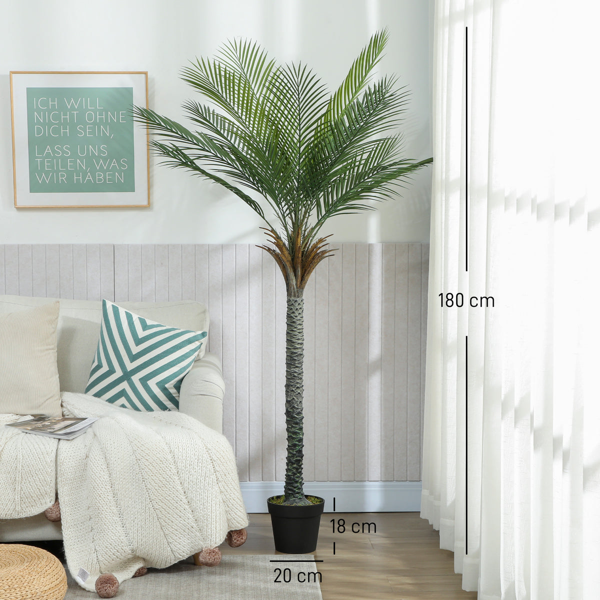 Palmier artificiel 180 cm, plante artificielle tropicale en pot, 15 feuilles réalistes, pour salon, chambre, bureau
