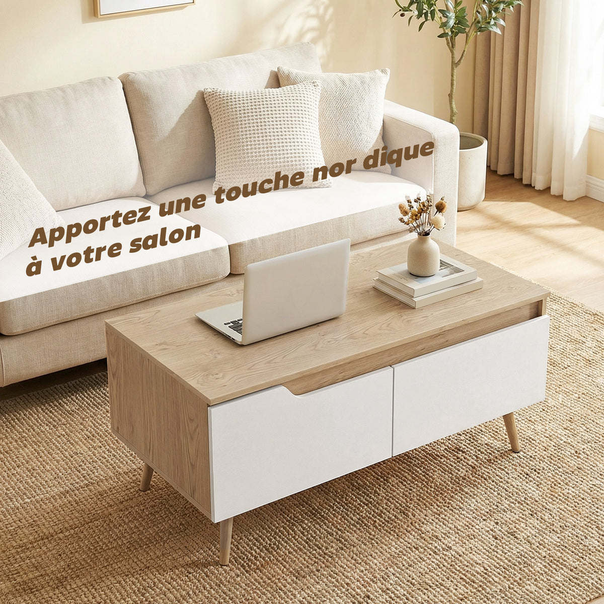 Table basse rectangulaire, table de salon moderne avec 2 tiroirs, 5 pieds en bois de pin, 100x50x46cm, chêne et blanc