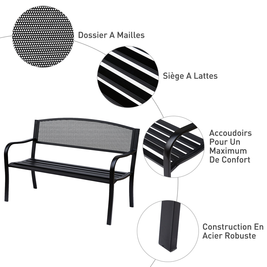 Banc 3 Places de Jardin terrasse Style Contemporain 127L x 60l x 87H cm métal époxy anticorrosion Noir
