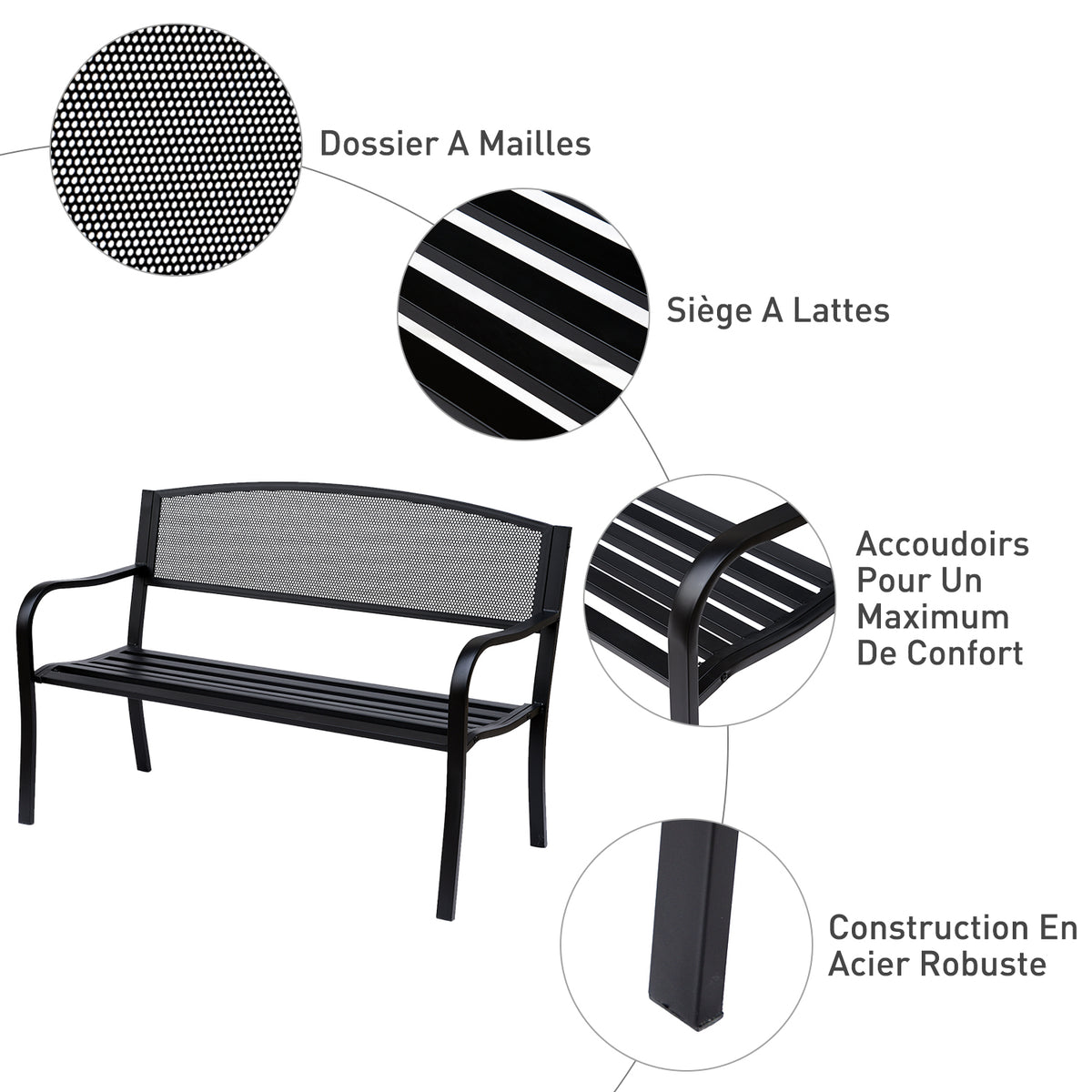 Banc 3 Places de Jardin terrasse Style Contemporain 127L x 60l x 87H cm métal époxy anticorrosion Noir