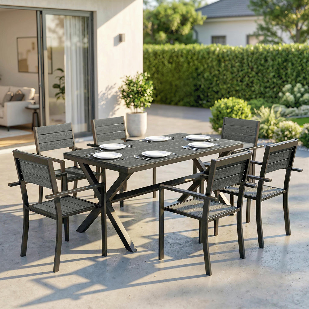 Ensemble de Salle à Manger Extérieur 7 Pièces pour 6 Personnes, Table et Chaises Empilables avec Lattes Effet Bois, Cadre en Aluminium, Gris