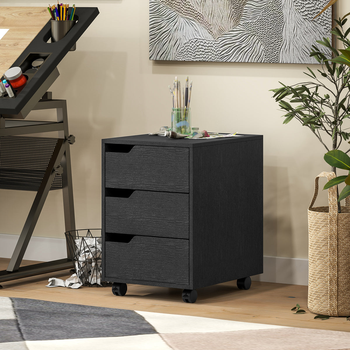 Caisson bureau mobile, meuble rangement bureau sur roulettes, 3 tiroirs, 40x50x57,5cm, noir