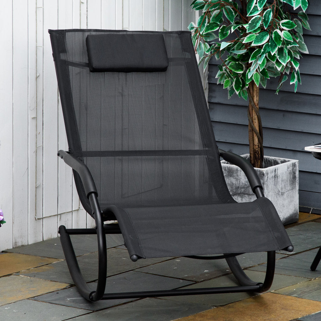 Chaise longue à bascule rocking chair ergonomique avec tétière accoudoirs métal galvanisé textilène 62l x 150P