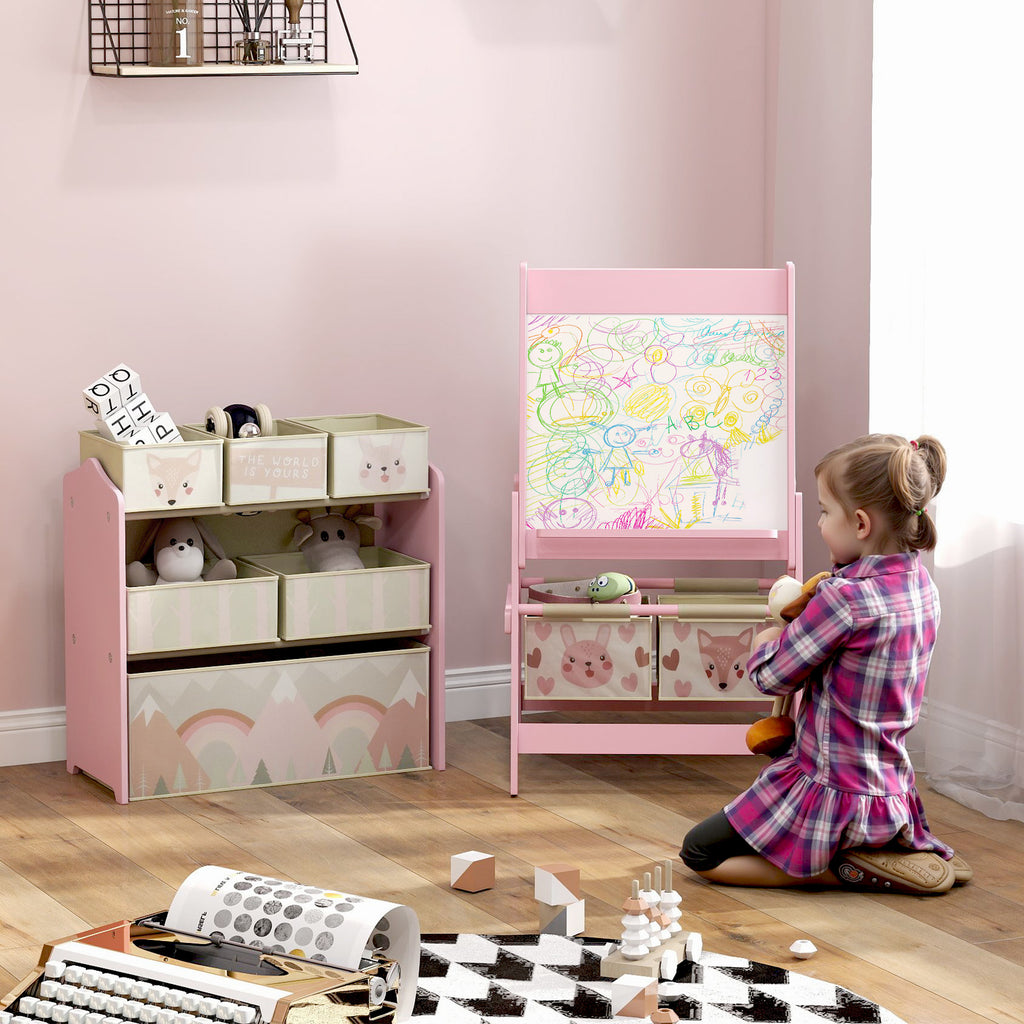 Tableau chevalet double-face rouleau papier 2 paniers + meuble à jouets de rangement à 6 boîtes, 63 x 30 x 66 cm, rose