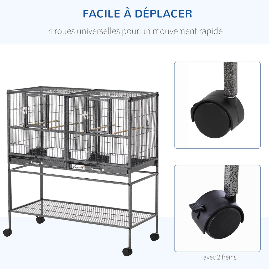 Cage à Oiseaux Volière Oiseaux Intérieur avec Séparation Mangeoire et Perchoir 95L x 45,5l x 102H cm Noir et Gris