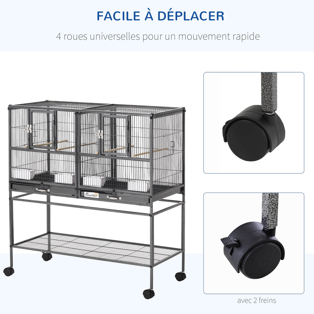 Cage à Oiseaux Volière Oiseaux Intérieur avec Séparation Mangeoire et Perchoir 95L x 45,5l x 102H cm Noir et Gris