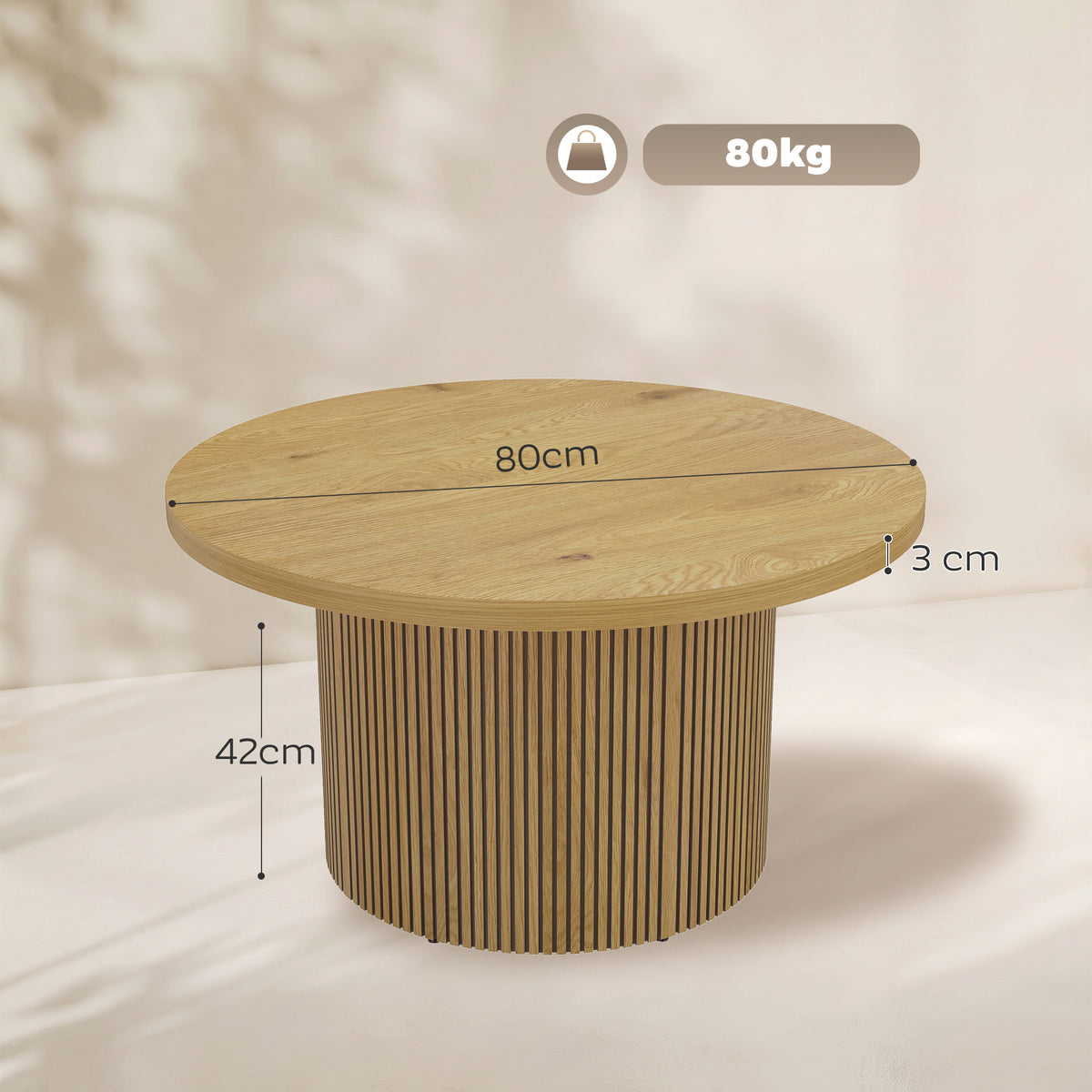 Table basse ronde en bois, table de salon avec piètement cannelé, style moderne, effet bois naturel