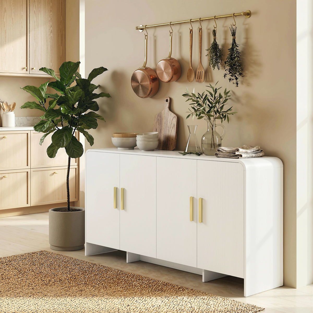 Buffet de Cuisine avec 4 Étageres 4 Portes à Fermeture Douce Meuble TV pour 183 cm 152x40x80 cm Blanc