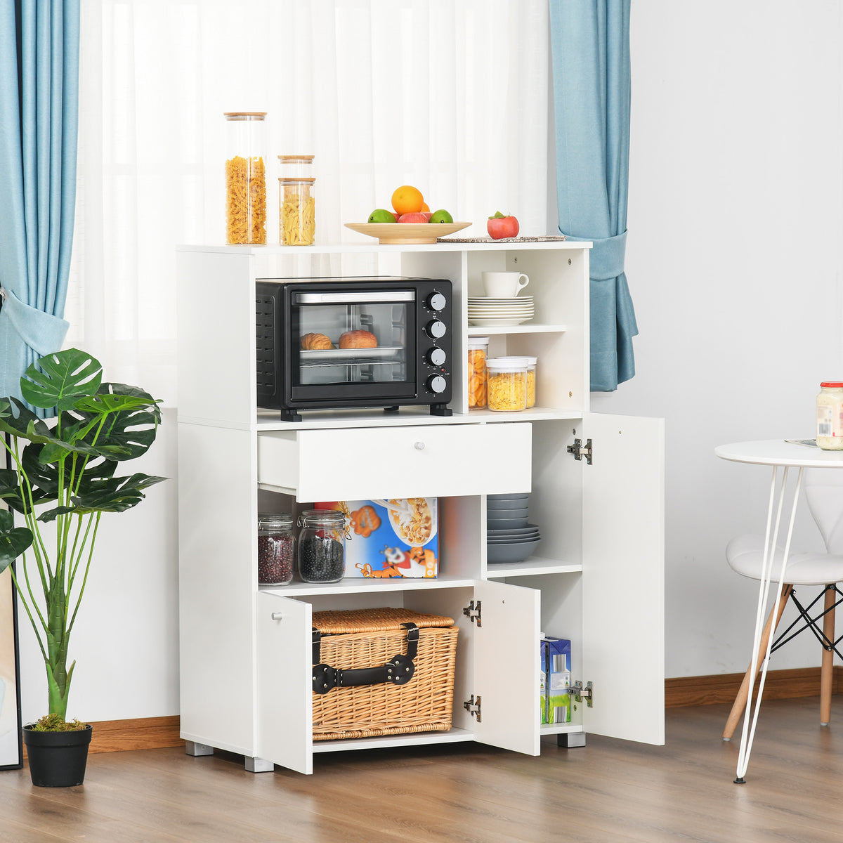 Meuble de micro-onde armoire cuisine meuble de rangement multi-rangements buffet avec 2 placards 4 niches tiroir coulissant dim. 90L x 40l x 120H cm en bois blanc